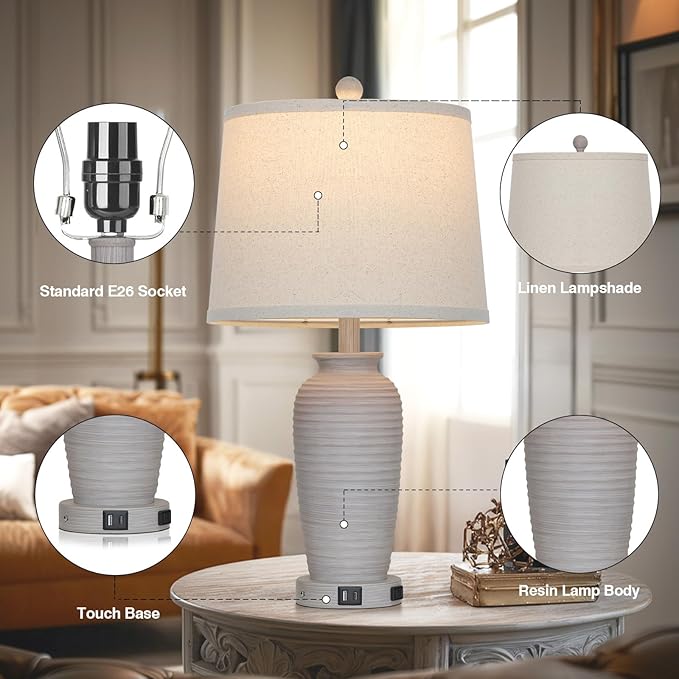 25“ Traditional Table Lamps Set of 2, Bedside Touch Lamp with USB C+A Charging Ports, Rustic Farmhouse Jar Table Lamps for Living Room Bedroom, Side Table Lamp with Beige Fabric Shade, Antique Grey-CasaMuseHome