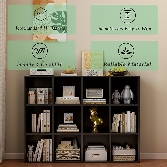 12-Cube Storage Shelf Bookcase - Wooden 3-Tier Floor Standing Open Bookshelf for Home and Office, Display Cabinet, Black-CasaMuseHome
