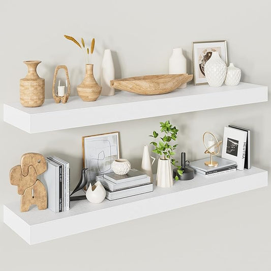 40 Inches Floating Shelves for Wall,9.3" Deep White Long Floating Shelves Set of 2,Large Display & Storage Shelf,Wall Shelf for Bathroom Bedroom Living Room Kitchen Office-CasaMuseHome