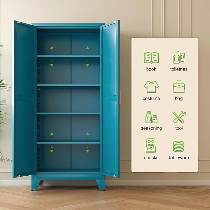 71'' Farmhouse Metal Storage Cabinet with Barn Doors,Steel File Cabinet for Home Office,Kitchen Pantry 4 Adjustable Shelves,Freestanding Cupboard for Kitchen,Home Office (Peacock Blue)-CasaMuseHome