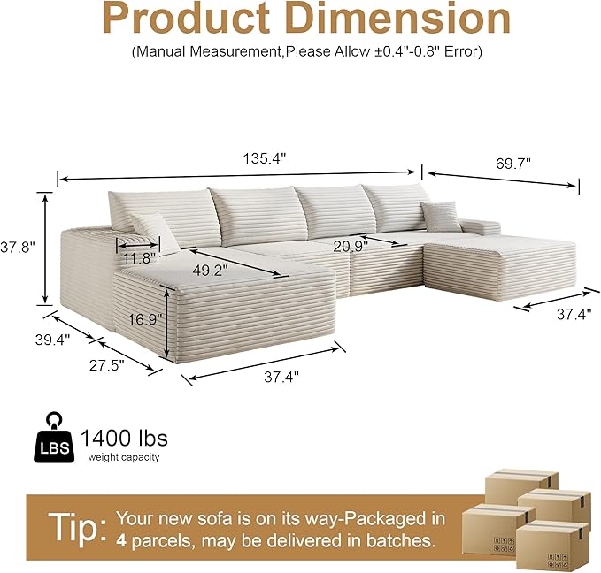 136" Sectional Couches for Living Room Modern Modular Sofa with L-Shape Couchs Upholstered Boneless Couch Deep Seat Sectional Couch with Chaise (White, Left Facing Chaise+3Seaters+Ottoman)-CasaMuseHome