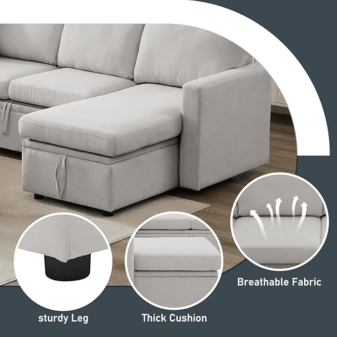 7 - Seater Sofa Bed, Large U - Shaped Modular Sectional Sofa, Oversized Pull - Out Sleeper with Storage for Living Room, Light Grey-CasaMuseHome