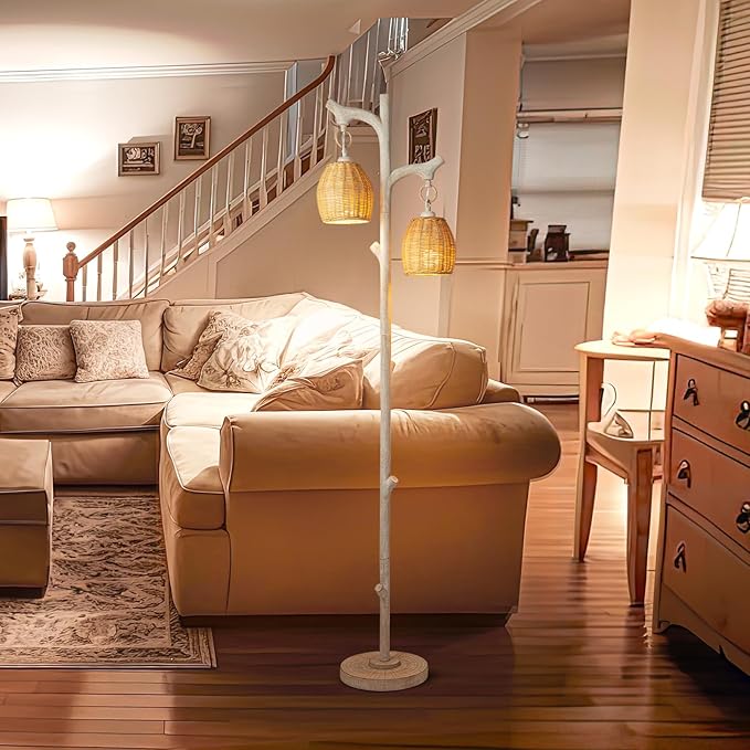68" High Farmhouse Rustic Country Cottage Floor Lamp Tree Trunk Faux Wood Column White Washed Wicker Drum Shade Decor for Living Room Bedroom Reading Room-CasaMuseHome