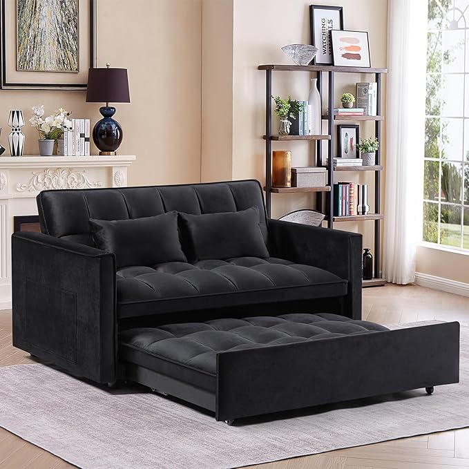 3 in 1 Convertible Sleeper Sofa Bed,Futon Loveseat Couch with Pull-Out Bed & Adjustable Backrest,Velvet Fabric Sofa with Side Pocket for Small Apartment, Living Room, Office (Black)-CasaMuseHome