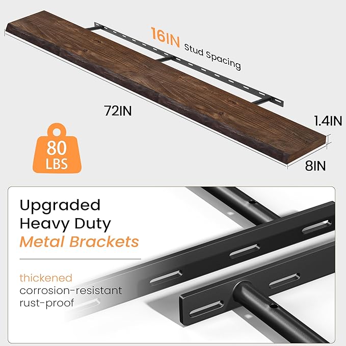 72 Inch Floating Shelves for Wall, Rustic Elm Wood Floating Shelves for Home Décor, Wall-Mounted Display Shelves with Heavy-Duty Bracket, Long Floating Shelf for Kitchen, Living Room, Walnut Finish-CasaMuseHome