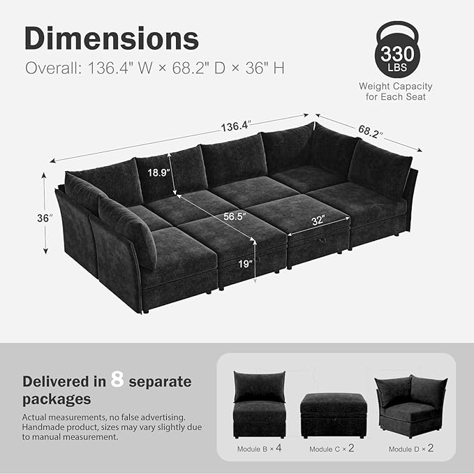136.4" Oversized Modular Sectional Sleeper Sofa Bed, U Shaped Convertible Couch with Movable Ottoman, Large 8 Seat Corner Couches for Living Room Deep Seat Black Chenille-CasaMuseHome