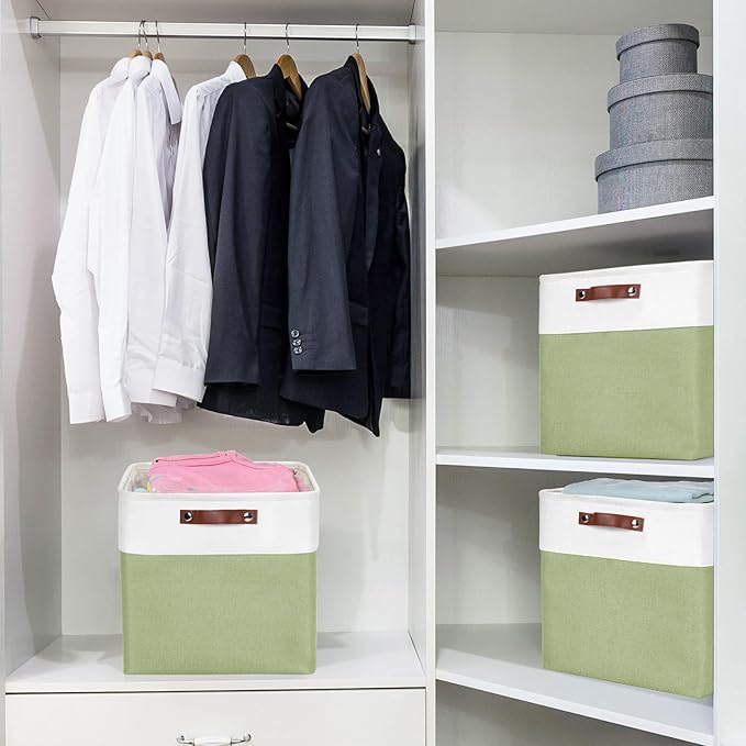 13x13 Cube Storage Bins, Collapsible Fabric Storage Box, 4 Pack Closet Baskets with Handles for Organizing, Shelf, Toys, Clothes, Home, Office, Nursery (Green&White)-CasaMuseHome