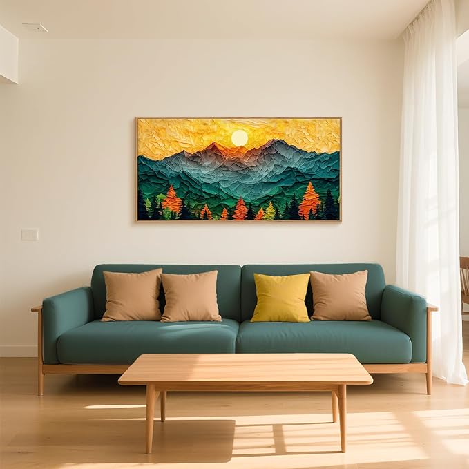 Abstract Sun Mountain Framed Canvas Wall Art Set, Forest Pine Tree Golden Sunset Wall Decor, Mixed Patchwork Landscape Art Print for Living Room, Bedroom, Dining Room, Office - 20"x40"-CasaMuseHome