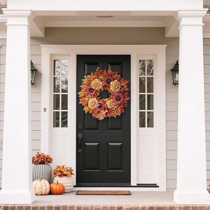 28'' Large Fall Wreath for Front Door, Porch, Window- Artificial Maple Leaves Faux Sunflower Hydrangea Pumpkins Outdoor Autumn Wreath for Home, Farmhouse Wall Thanksgiving Day Harvest Festival Decor-CasaMuseHome