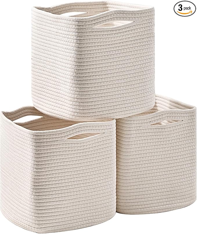 11 Inch Cube Storage Bins, Organizer Bins, Woven Cotton Rope Baskets for Storage, Storage Baskets for Organizing Shelves, White Basket for Toys, Off White (Pack of 3)-CasaMuseHome