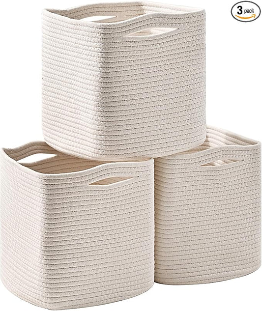 11 Inch Cube Storage Bins, Organizer Bins, Woven Cotton Rope Baskets for Storage, Storage Baskets for Organizing Shelves, White Basket for Toys, Off White (Pack of 3)-CasaMuseHome