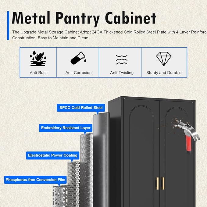 60" Tall Kitchen Pantry Cabinet, Metal Pantry Cabinet with Doors and Adjustable Shelves, Black Utility Storage Cabinet with Handles for Dining Room, Bathroom, Laundry Room - Assemble Required-CasaMuseHome