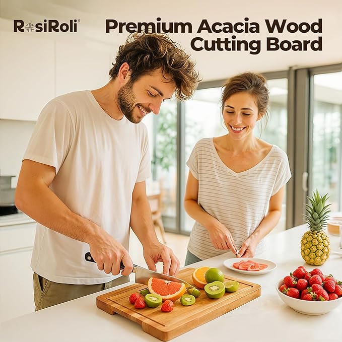 Acacia Wood Cutting Board for Kitchen - 0.8 inch Thick Wood Charcuterie Cheese Board with Side Handles and Juice Grooves, Wooden Chopping Block for Meat and Veggies, 11.5x7 inch-CasaMuseHome