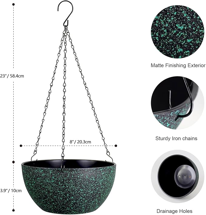 8 inch Small Hanging Planters for Indoor Outdoor Plants, 2 Pack Hanging Flower Pots with Drainage Holes and Chain, Plastic Hanging Baskets for House Plants, Black with Green Speckles-CasaMuseHome