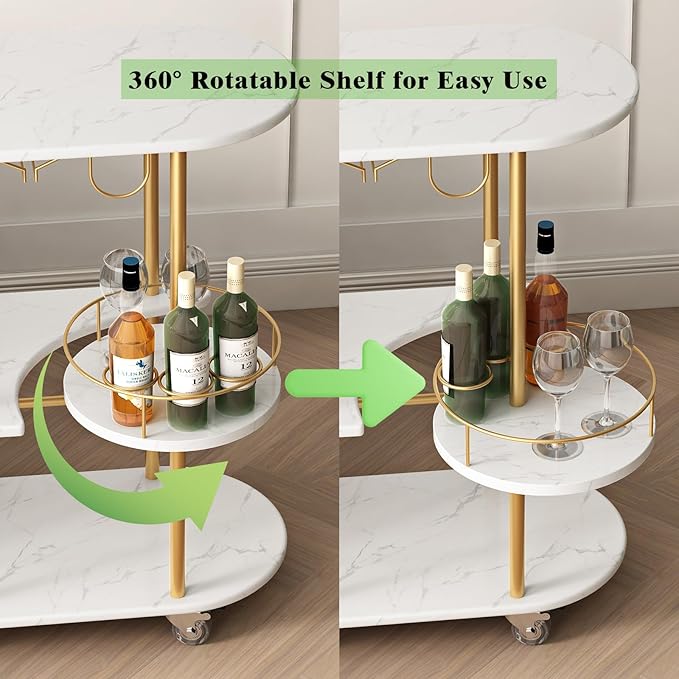 3 Tier Gold Bar Carts for Home Bar Serving Cart with Wheels, Heavy Duty Bar Wine Cart with Storage Shelves, for The Living Room, Kitchen, Bar, Party-CasaMuseHome
