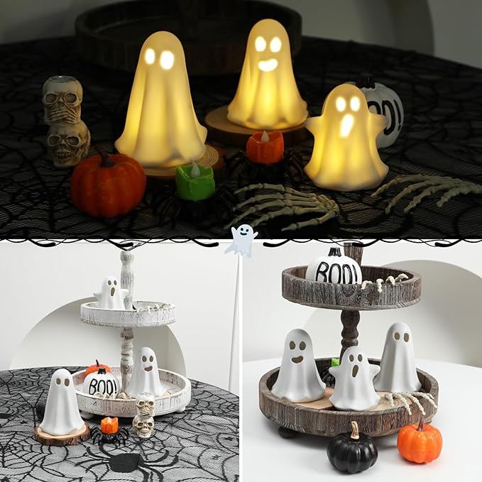 3 Pack Halloween Ceramic Ghost Decor, Light Up Ghost Halloween Decor, Cute Ghost Figurines for Table Tray Fireplace Home Indoor Decoration-CasaMuseHome