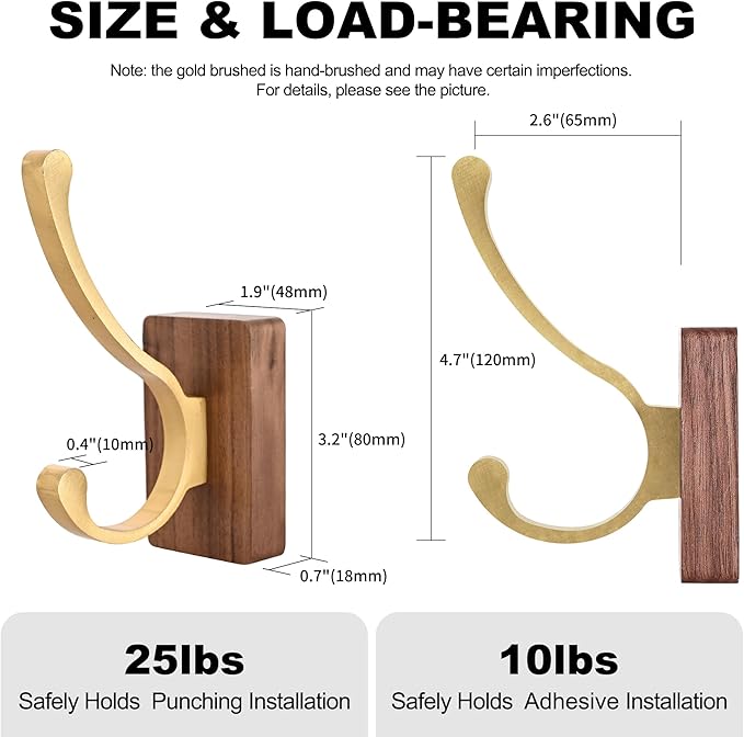 4 Pack Wooden Wall Hooks for Hanging, Adhesive Mounted & Wall Mount Nature Wood Coat Hook for Towel Clothes Blanket Hat Backpack Robe Nursery Door Board Entryway Key Holder Brushed Gold-CasaMuseHome