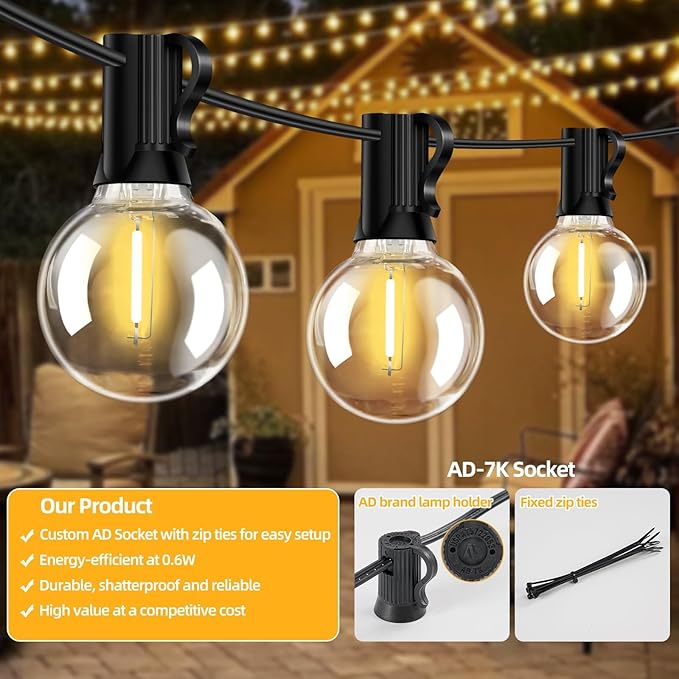 100FT G40 LED Outdoor String Lights with 50 Shatterproof Bulbs + 2 Spares, E12 Socket, 2700K Warm White, Weatherproof Black Cable, for Patio, Backyard, Wedding, Party, Porch, Deck, Gazebo, Camping-CasaMuseHome