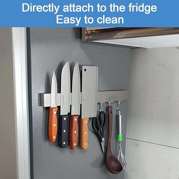 14 Inch Magnetic Knife Holder for Refrigerator - Knife Magnetic Strip for Fridge with Magnetic Hooks - Double Sided Magnetic Knife Bar - Stainless Steel Kitchen Magnetic Knife Hanger Rack-CasaMuseHome