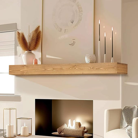 48x8x3 Fireplace Mantel - Handcrafted Hollow Rustic Solid Wood Wall Mounted Floating Shelf with Invisible Heavy Duty Wood Bracket (Natural Wood)-CasaMuseHome