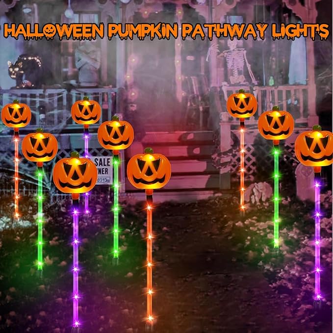 12 Pack Solar Pumpkin Lights for Halloween Decorations Outdoor, Waterproof Halloween Pathway Lights with 8 Modes, Orange Purple and Green Halloween Walkway Stake Lights for Yard Garden Party Decor-CasaMuseHome