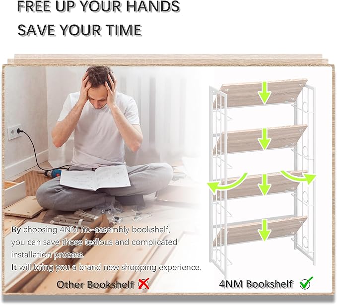 4NM No Assembly 4 Tiers Folding Bookshelf, 47.2" H Foldable Storage Shelves Vintage Bookcase Standing Racks Study Organizer Home Office - Natural White-CasaMuseHome