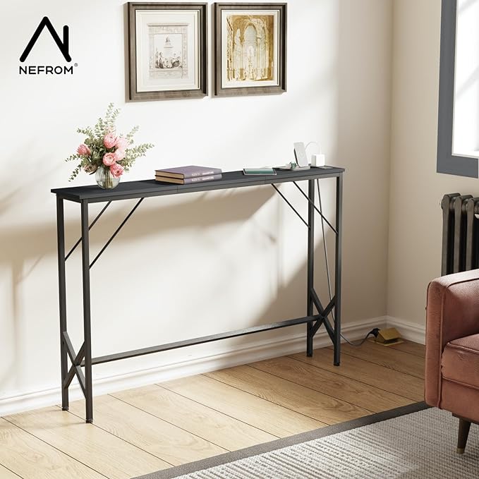 47.2'' Console Table, Skinny Entryway Table with Fast-Charging Station, Narrow Long Sofa Table, Behind Slim Couch Table for Entrance, Hallway, Living Room Decor ST-BK120-1-CasaMuseHome
