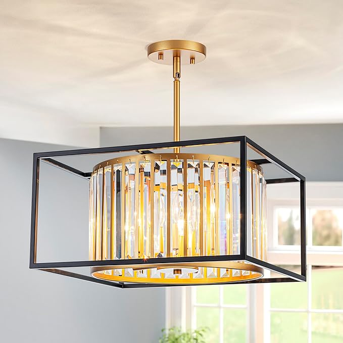 5-Lights K9 Crystal Chandelier, Modern Style Pendant Light Fixture for Dining Room, Bedroom & Living Room, Gold & Black Finish, L16.5 * W16.5 * H12~48 inch (Adjustable Height)-CasaMuseHome