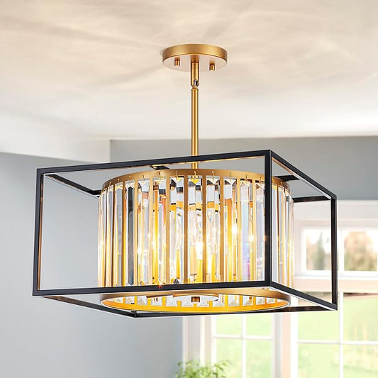 5-Lights K9 Crystal Chandelier, Modern Style Pendant Light Fixture for Dining Room, Bedroom & Living Room, Gold & Black Finish, L16.5 * W16.5 * H12~48 inch (Adjustable Height)-CasaMuseHome