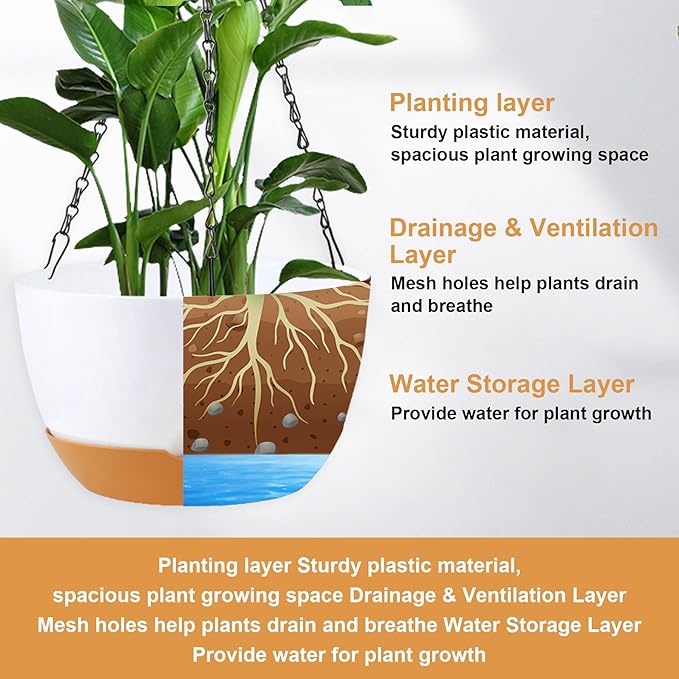 4 Pack Hanging Planter for Plants Indoor,8 Inch Plant Pot Outdoor Plastic Hanging Baskets with Drainage Holes and Chain for Garden Porch Plants(White+Black+Green+Beige)-CasaMuseHome