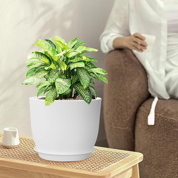 9/8/7.5 inch Flower Pots, Set of 3 Modern Decorative Plastic Planters with Drainage Holes and Saucers, Plant Pots for Indoor Outdoor Plants, White-CasaMuseHome