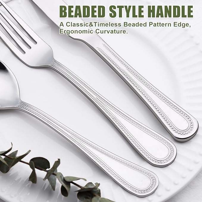 60-Piece Silverware Set for 12, Stainless Steel Flatware, Mirror Polished Cutlery Set, Utensils Include Spoons, Forks, Knives for Home, Restaurant, Beaded Handle, Dishwasher Safe-CasaMuseHome