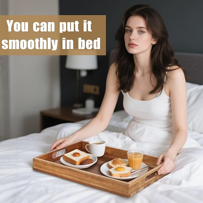 Acacia Wood Serving Tray with Handles - 17-Inch Large Wooden Tray for Ottoman - Perfect for Breakfast, Lunch, Dinner, Appetizers, Patio, Ottoman, Coffee Table,BBQ, Party – Great for Lap &Couch ﻿-CasaMuseHome