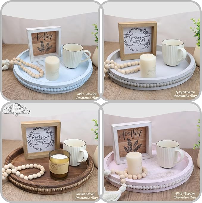 Round Burnt Wood Serving Tray with Beads, Wooden Decorative Tray for Entertaining, Decoration, and Gifting,-CasaMuseHome