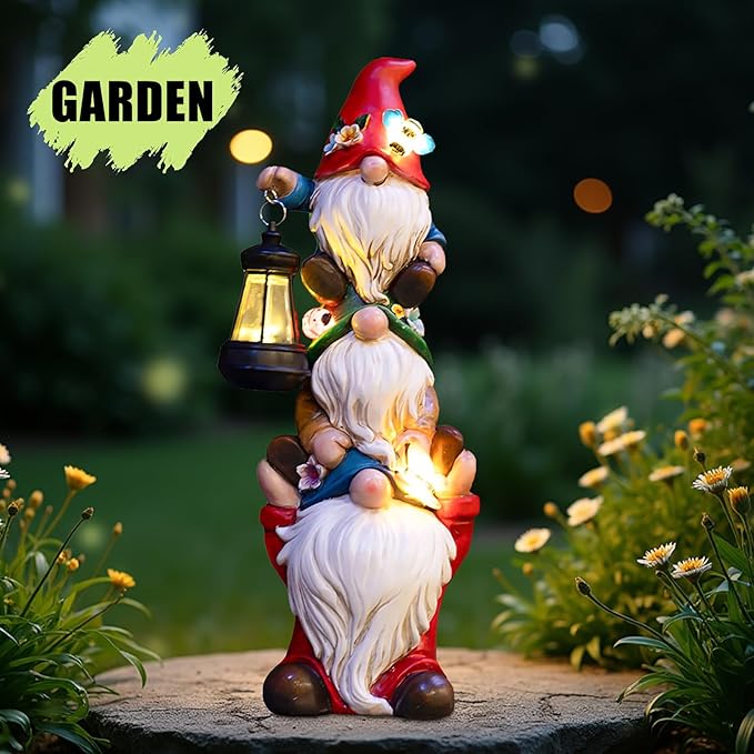 17 in Large Garden Gnome Statue with Solar Lights Sculptures Funny Triple Big Gnome Outdoor Patio Lawn Yard Balcony Garden Home Decor Gifts for Women Mom-CasaMuseHome