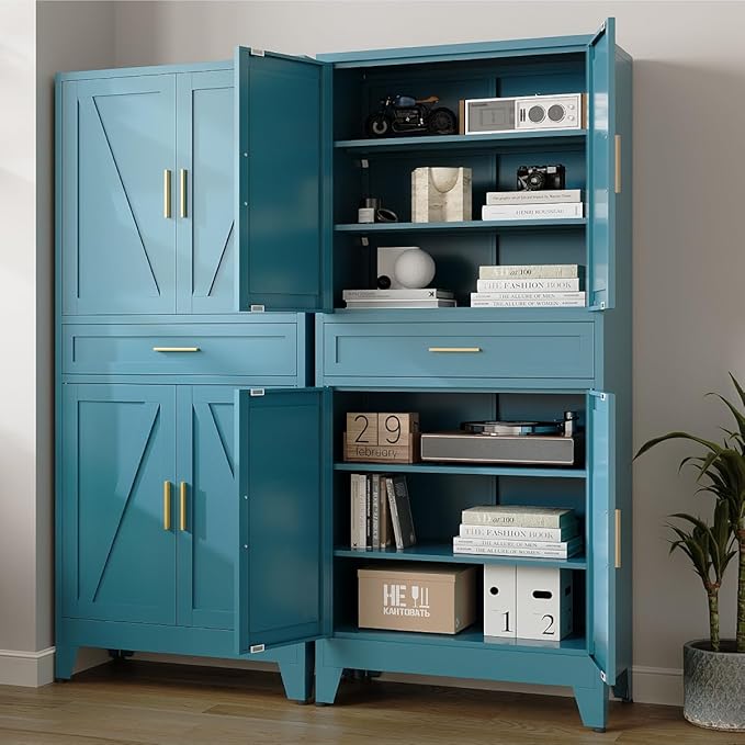 71 "Farmhouse Metal Filing Cabinet with a Drawer and 4 Adjustable Shelves, with 4 Large barn Door White Kitchen Cabinets, Metal Food Cabinets for Home, Kitchen, Dining/Living Room (Peacock Blue)-CasaMuseHome