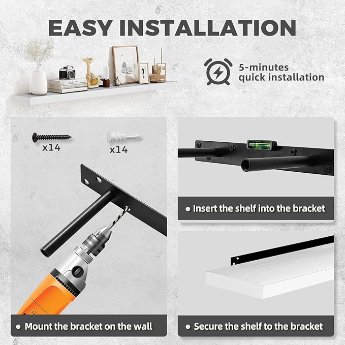 36"x6.8"x1.2" Solid Wood Floating Shelves 2-Pack - Rustic White Finish with Hidden Brackets, Perfect for Storage and Décor in Living Room, Kitchen, Bedroom-CasaMuseHome