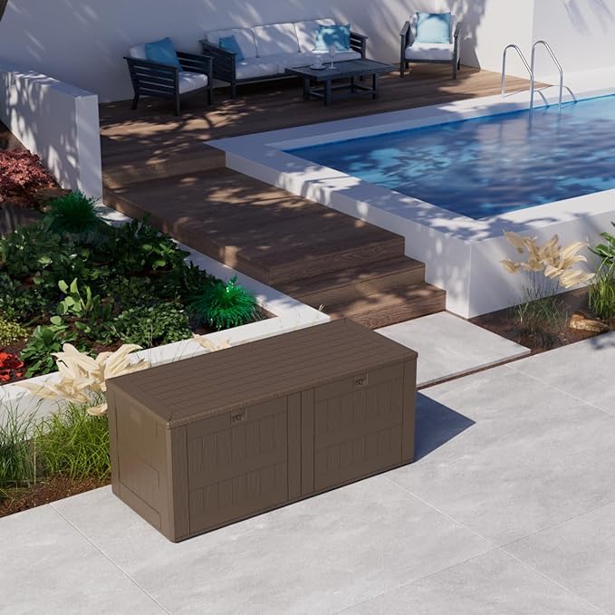 180 Pro Gallon Waterproof Outdoor Storage Bin Resin Deck Box for Patio, Poolside, and Garden, Lockable & UV-Resistant, Brown-CasaMuseHome