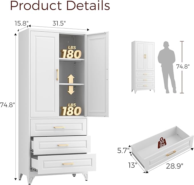 75" Kitchen Pantry Cabinet, Metal Storage Cabinets with Doors and Adjustable Shelves, White Tall Pantry Cabinet with 3 Drawers for Dinning Living Room-CasaMuseHome