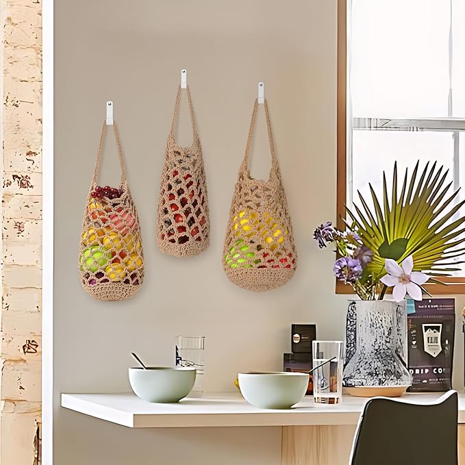 AARAINBOW Boho Wall Hanging Baskets for Kitchen Storage, Fruit Woven Wall Basket 9 Pcs, Hanging Vegetable and Onion Storage with 24 Hooks （Brown）-CasaMuseHome