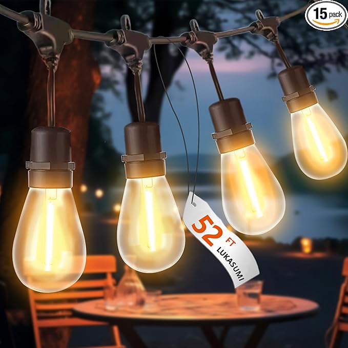 52 Ft LED Outdoor String Lights, Connectable Patio Hanging Light with 15Pcs Waterproof Vintage Edison Bulbs for Backyard Light, Bistro Lights Camping Outdoor Lighting-CasaMuseHome