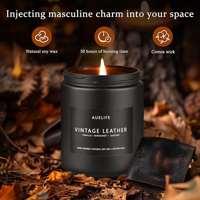 2 Pack Men Candles | Smoke & Vanilla + Vintage Leather - Scented Candles for Men - Masculines Candle - Soy Candle for Home Scented, Man Gifts, Black Jar - 7oz-CasaMuseHome