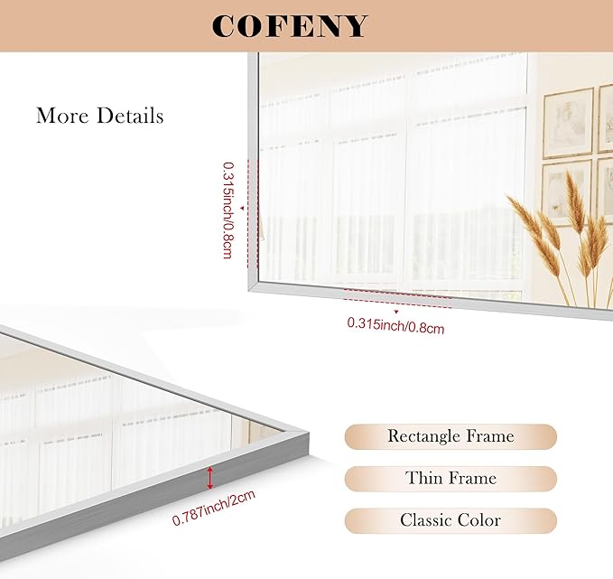 36x72inch Bathroom Mirror, Silver Rectangle Mirror with Thin Metal Frame, Large Rectangular Wall Mirrors for Bathroom, Living Roomm, Hair Salon, Big Farmehouse Mirror Hang Horizontal/Vertical-CasaMuseHome