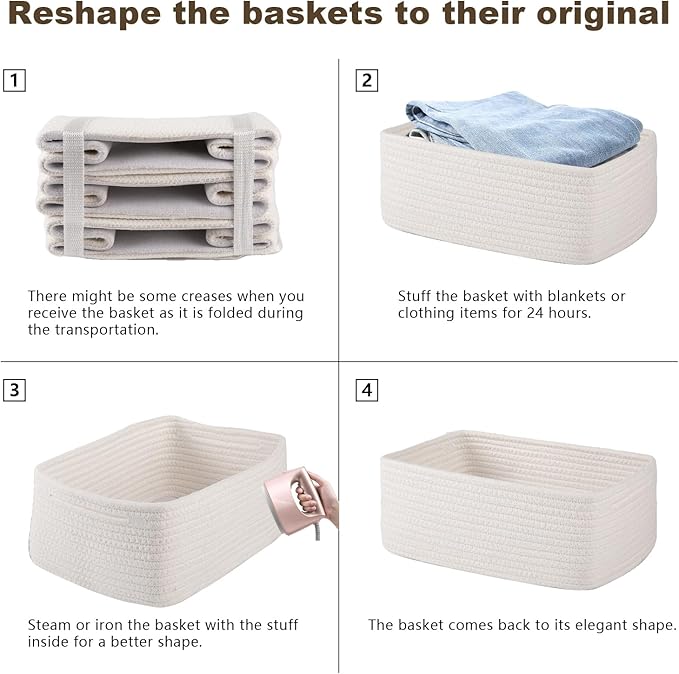 3 Pack Small Storage Baskets for Organizing, Cute Woven Decorative Gift Baskets for Shelves, Mini Closet Organizer Bins with Handles-13''Lx8.66''Wx5.11''H-White-CasaMuseHome