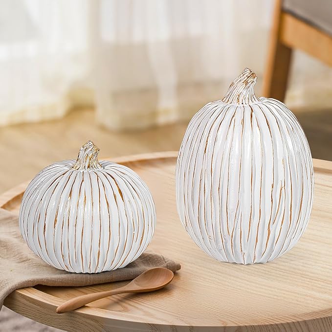 2Pcs Halloween Pumpkin Artificial Resin Pumpkins Decor for Mantel Harvest Autumn Tabletop Decoration Gold Fall Pumpkin Decorations Thanksgiving Table Centerpieces (Set B, ONE Size)-CasaMuseHome