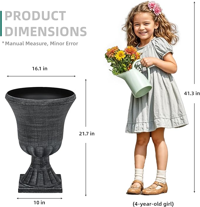 22" Timeless Urn Planters for Outdoor Plants, Set of 2 Plastic Large Flower Pot with Handmade Washed Black Finish, Weather-Resistant for Porch, Garden, Patio or Indoor Use-CasaMuseHome