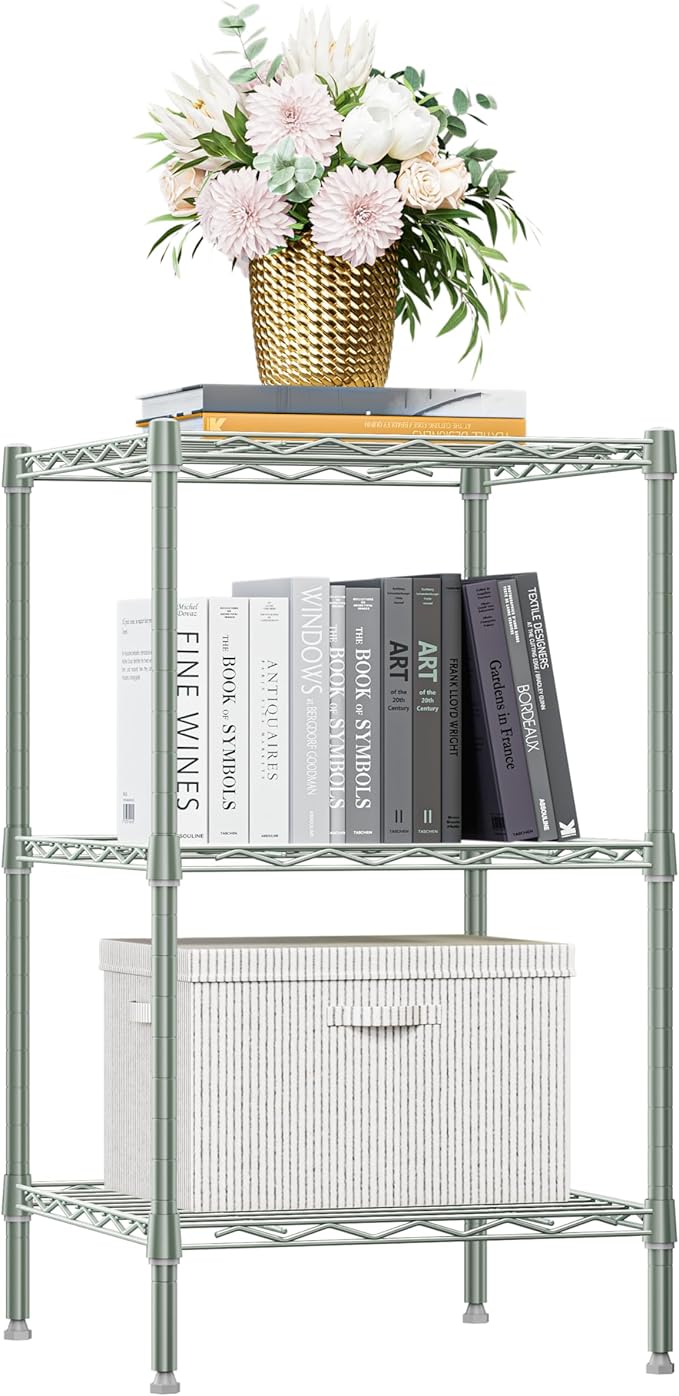 750 lbs 3-Shelf Storage Shelves Wire Shelving Unit Standing Metal Rack for Small Places Narrow Wire Rack for Bathroom, Green 13.8 D x 13.8" W x 25.5" H-CasaMuseHome