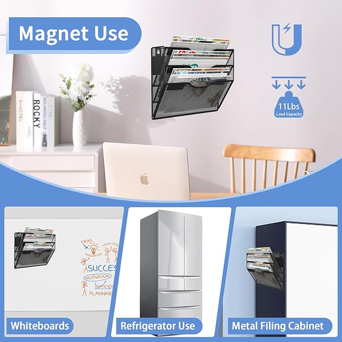 3-Tier Magnetic File Holder, No Drilling Installation File Cabinet Organizer, Black Magnetic File Organizer, Magazine Rack, Magnetic Paper Holder for Refrigerator, File Cabinets, Whiteboard-CasaMuseHome