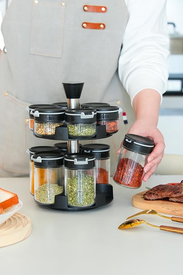 360 rotating 2 tier jars spice rack (6 small 6 large spice jars) Revolving Seasoning Organizer. Spinning Spice Rack for Counter top and Cabinet WITH Custom Label Stickers.-CasaMuseHome