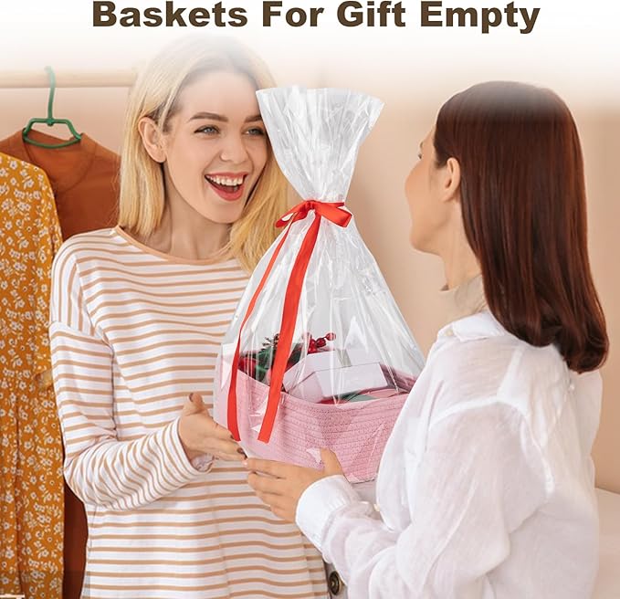 3 Pack Small Storage Baskets for Organizing, Cute Woven Decorative Gift Baskets for Shelves, Mini Closet Organizer Bins with Handles, 11.81''Lx7.87''Wx4.72''H-Pink-CasaMuseHome